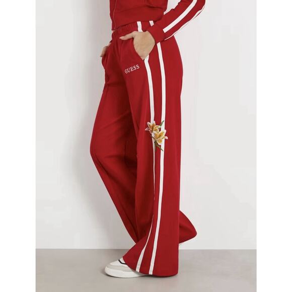 GUESS | Red Floral Embroidered Wide Leg Loose fit Track Pants 'ZOEY' NWT- Large - Picture 1 of 9